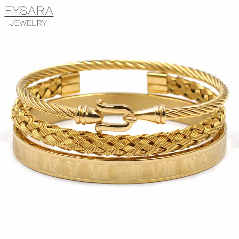 FYSARA 3pcs/Set Royal Roman Bracelets &amp; Bangles Cable Wire  Woven Bangles For Men Stainless Steel Men Jewelry Accessories